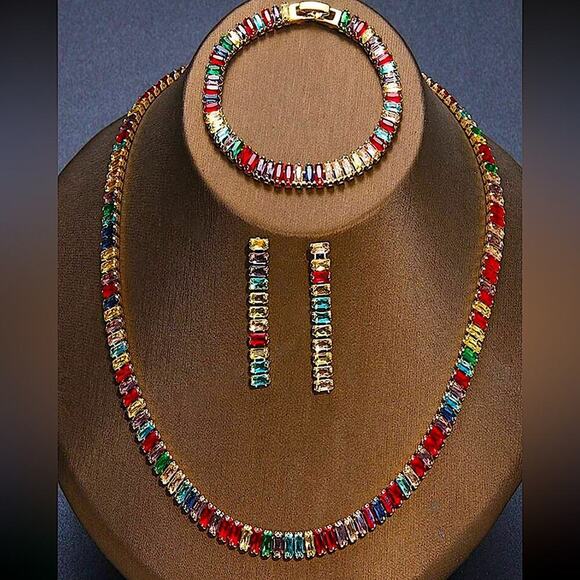 Gold Baguette Multicolor Rhinestone Choker Earrings Bracelet Matching Set 18k - Picture 1 of 12